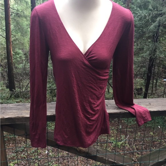 American Rag mock wrap long sleeve T shirt in dusty burgundy blouse,HPx2 - Picture 1 of 9